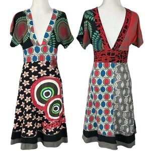 Desigual A Line Dress XS Vintage Y2K Patchwork Sequin Butterfly Plunge V Neck